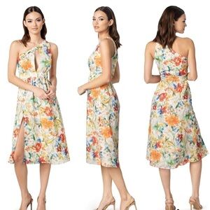 DRESS THE POPULATION * Mena Asymetric Chiffon Cut Out Side Slit Pocket Dress